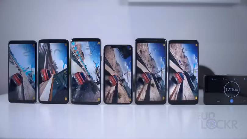 OnePlus 6, LG G7, Galaxy S9 Plus, iPhone X, Google Pixel 2 XL và Huawei P20 Pro. Ảnh: TheUnlockr