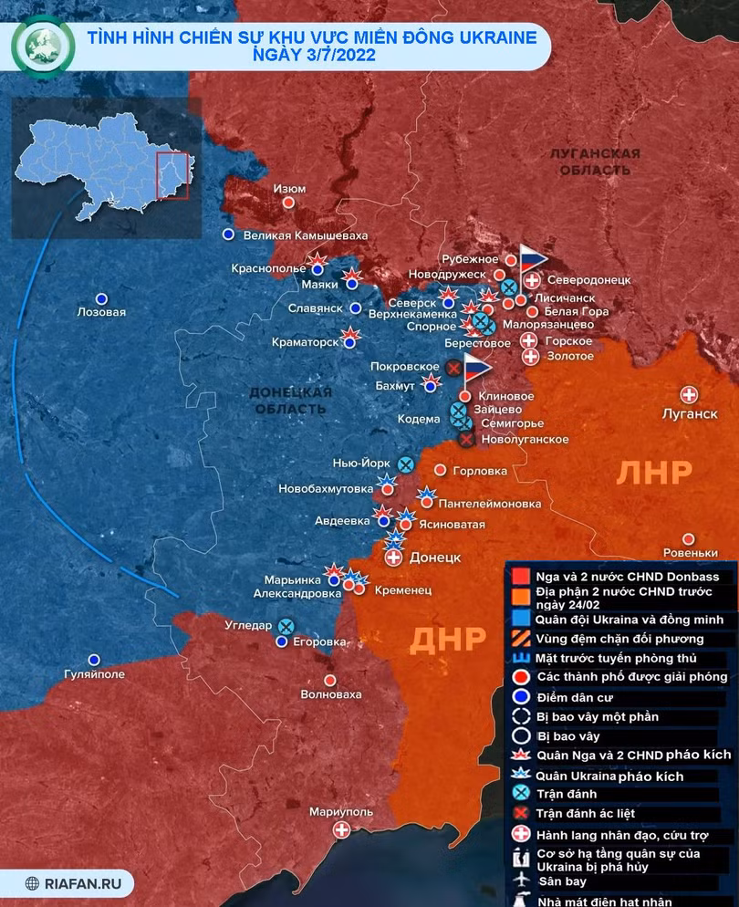 Tình hình chiến sự vùng Donbass ngày 3/7 (Ảnh: RIA.FAN) Tình hình chiến sự vùng Donbass ngày 3/7 (Ảnh: RIA.FAN)