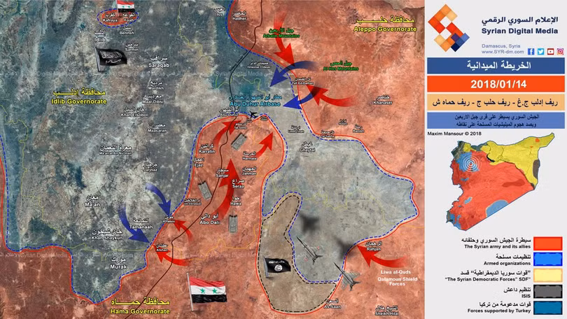 Chiến tuyến khu vực Hama, Aleppo, Idlib tính đến ngày 14.01.2018, quân tình nguyện Syria tiến công IS - ảnh truyền thông Syrian Digital Media