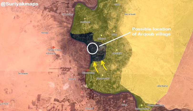 Cuộc tấn công của lực lượng SDF vào khu vực cuối cùng của IS trên bờ đông Euphrates. Bản đồ: Masdar News.
