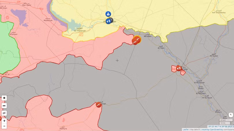 Bản đồ chiến dịch tấn công giải phóng tỉnh Deir Ezzor của quân đội Syria từ 2 hướng Palmyra và Raqqa