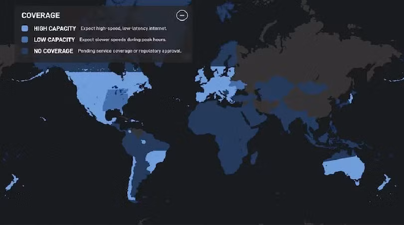 Bản đồ hiển thị nơi có Internet dung lượng cao của SpaceX, phần lớn là ở Mỹ, Châu Âu và Úc. Ảnh SpaceX