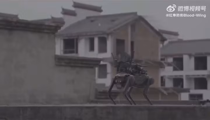 UAV vận chuyển chó robot trang bị vũ khí lên nóc một tòa nhà. Video Republic World.