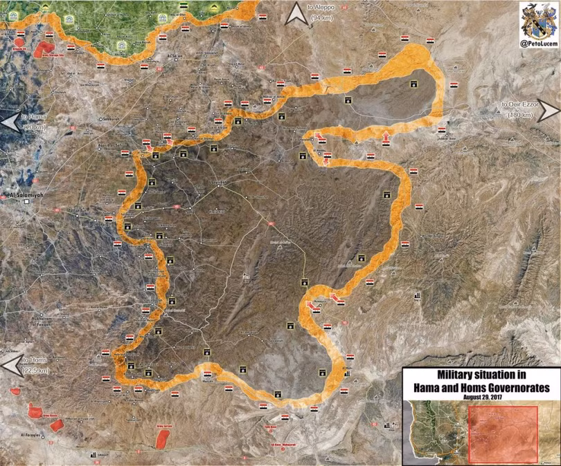 Bản đồ vùng bao vây Is trên chiến thường phía đông tỉnh Hama, quân đội Syria chiếm hàng loạt khu dân cư - ảnh Masdar News
