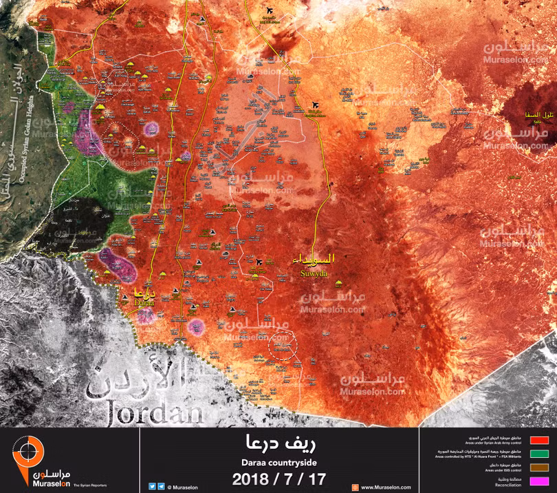 Chiến tuyến quân đội Syria trên địa phận tỉnh Daraa và Quneitra tính đến ngày 17.07.2018 theo Muraselon Chiến tuyến quân đội Syria trên địa phận tỉnh Daraa và Quneitra tính đến ngày 17.07.2018 theo Muraselon