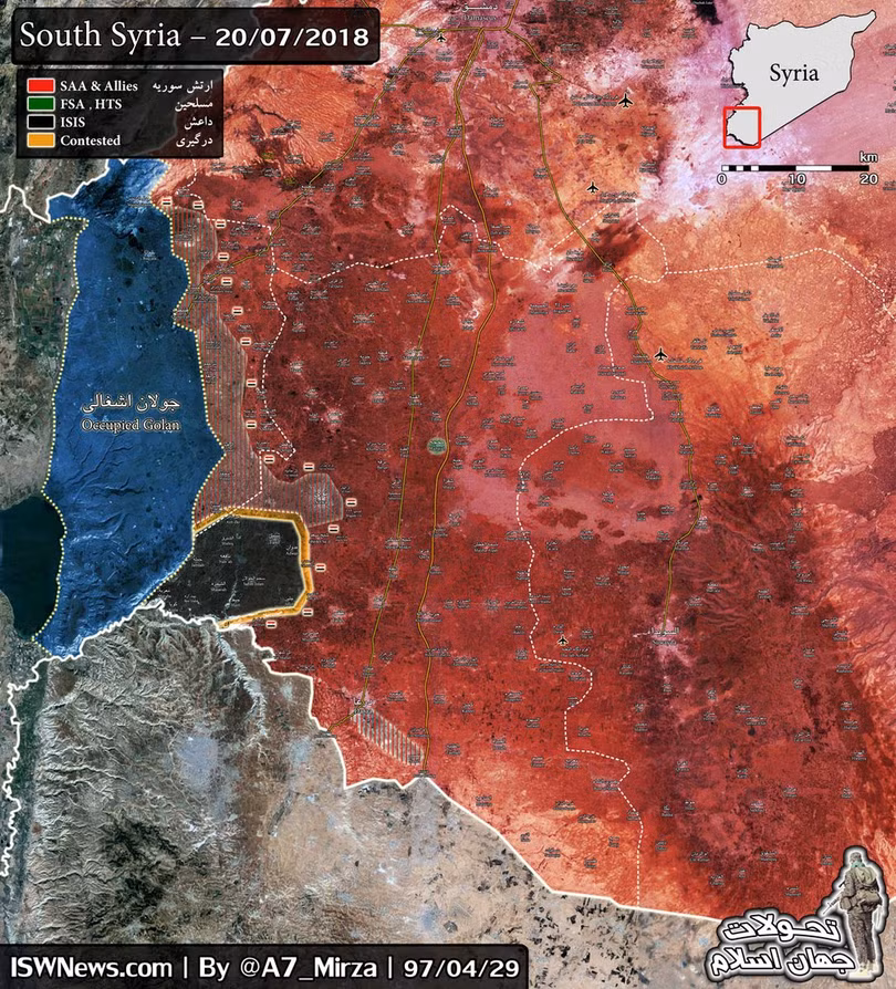 Tình hình chiến sự Daraa, Quneitra tính đến ngày 20.07.2018. Ảnh South Front