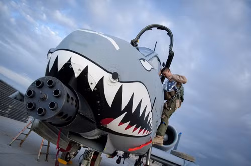 "Thần sấm" A-10 cùng khẩu pháo 30 ly ở trước mũi. Ảnh: Washington Post "Thần sấm" A-10 cùng khẩu pháo 30 ly ở trước mũi. Ảnh: Washington Post