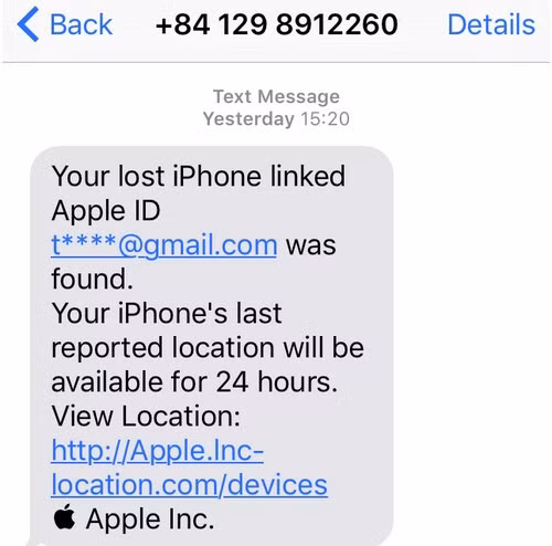 Tin nhắn giả mạo được gửi về bởi một số điện thoại rác, thay vì từ Apple. Tin nhắn giả mạo được gửi về bởi một số điện thoại rác, thay vì từ Apple.