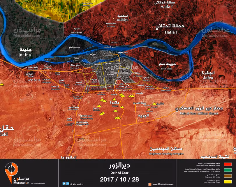 Bản đồ chiến sự thành phố Deir Ezzor, những khu vực quân đội Syria giải phóng ngày 28.10.2017 - ảnh Muraselon