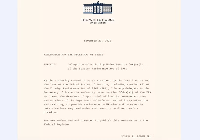 Chỉ thị của tổng thống Joe Biden về gói hỗ trợ quân sự 400 triệu USD. Ảnh Military Ukraine. Chỉ thị của tổng thống Joe Biden về gói hỗ trợ quân sự 400 triệu USD. Ảnh Military Ukraine.