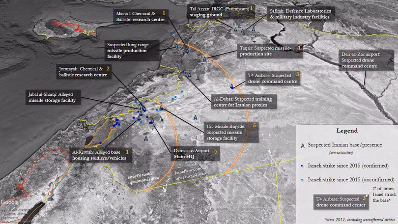 Tổng quan các vụ không kích của Isarel trong không phận Syria. Ảnh South Front Tổng quan các vụ không kích của Isarel trong không phận Syria. Ảnh South Front