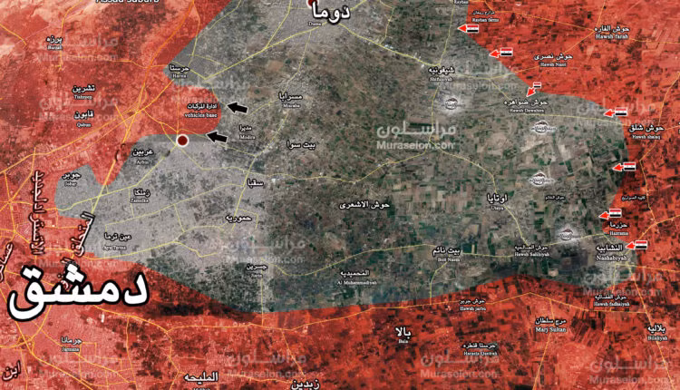 Bản đồ tình hình chiến sự vùng Đông Ghouta - ảnh Muraselon