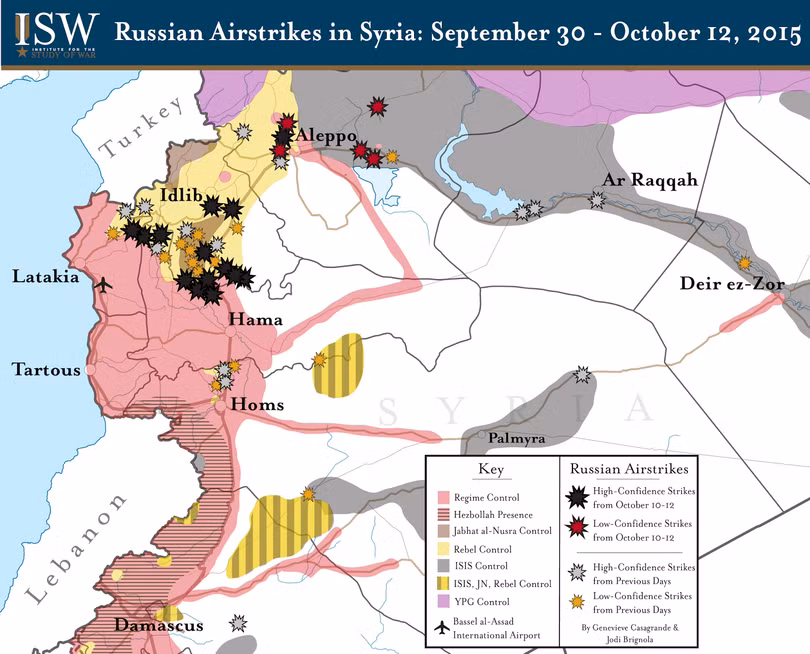 Sơ đồ các khu vực tấn công của không quân Nga tại Syria