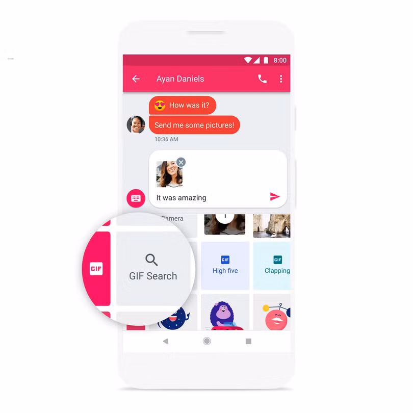 Tính năng tìm kiếm ảnh GIF trên Android Messages. Ảnh: TheKeyword Tính năng tìm kiếm ảnh GIF trên Android Messages. Ảnh: TheKeyword