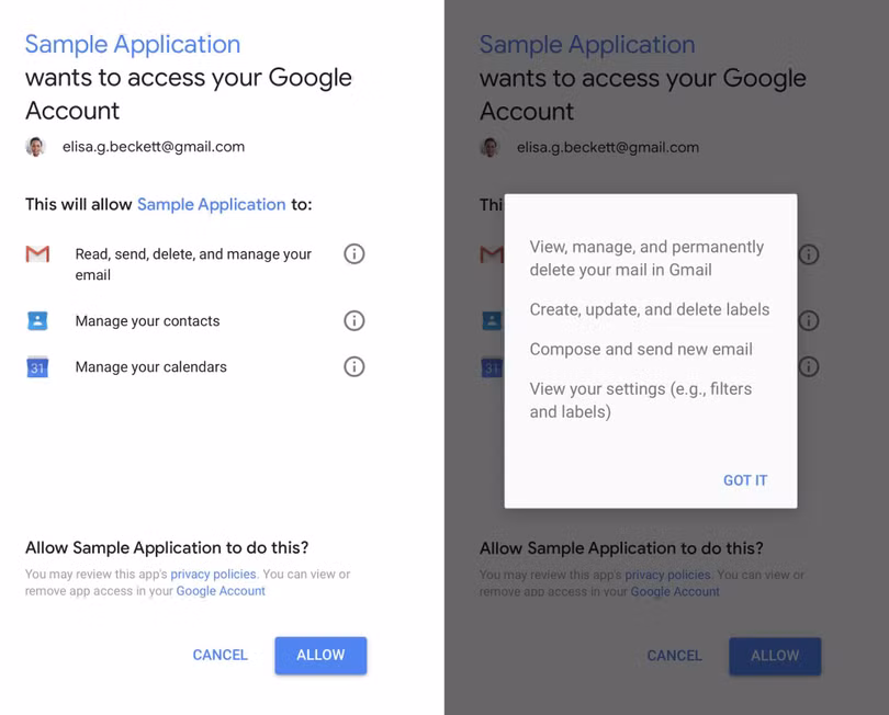 Bước cấp quyền truy cập cho ứng dụng của bên thứ 3 của Google. Ảnh: TheKeyword Bước cấp quyền truy cập cho ứng dụng của bên thứ 3 của Google. Ảnh: TheKeyword