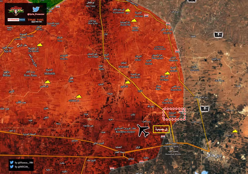 Cao điểm chiến lược Humaymah vừa giải phóng gần sân bay Kuweires, đông Aleppo