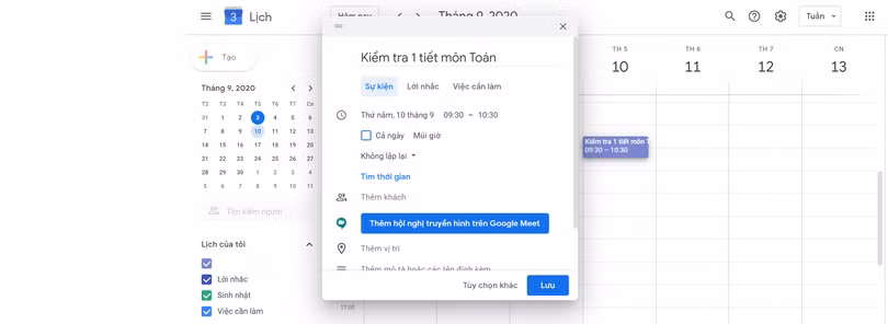 Công cụ nhắc nhở trên ứng dụng Lịch. Ảnh: Google