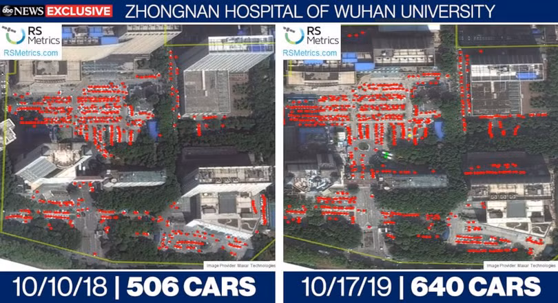 So sánh lưu lượng xe tại bệnh viện Zhongnan, Vũ Hán vào trung tuần tháng 10 của hai năm 2018 và 2019 (Ảnh: ABC News)