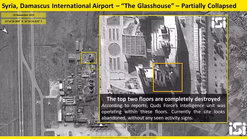 Trụ sở của lực lượng Qud ở Damascus bị phá hủy sau đòn không kích của Israel (Ảnh: ImageSat) Trụ sở của lực lượng Qud ở Damascus bị phá hủy sau đòn không kích cảu Israel (Ảnh: ImageSat)
