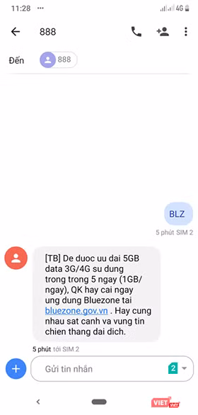 Tin nhắn xác nhận của tổng đài sau khi kích hoạt Bluezone. Tin nhắn xác nhận của tổng đài sau khi kích hoạt Bluezone.