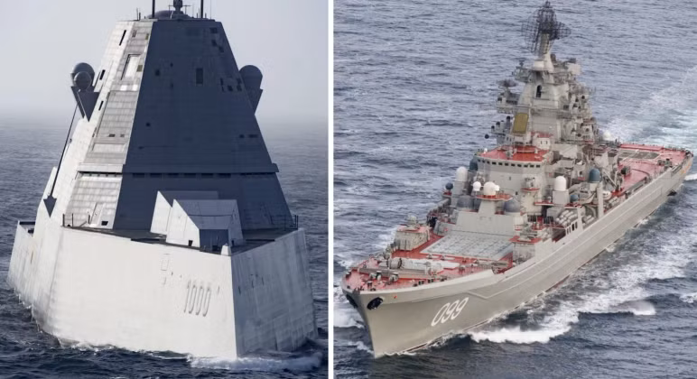 Tàu khu trục lớp Zumwalt của Mỹ (trái) và tàu tuần dương lớp Kirov của Nga. Ảnh: MW.