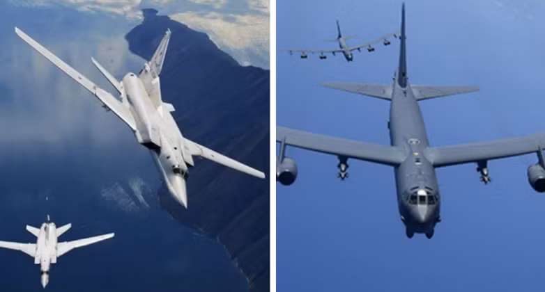 Máy bay ném bom Tu-22M3 của Nga (bên trái) và B-52H của Mỹ. Ảnh: MW.