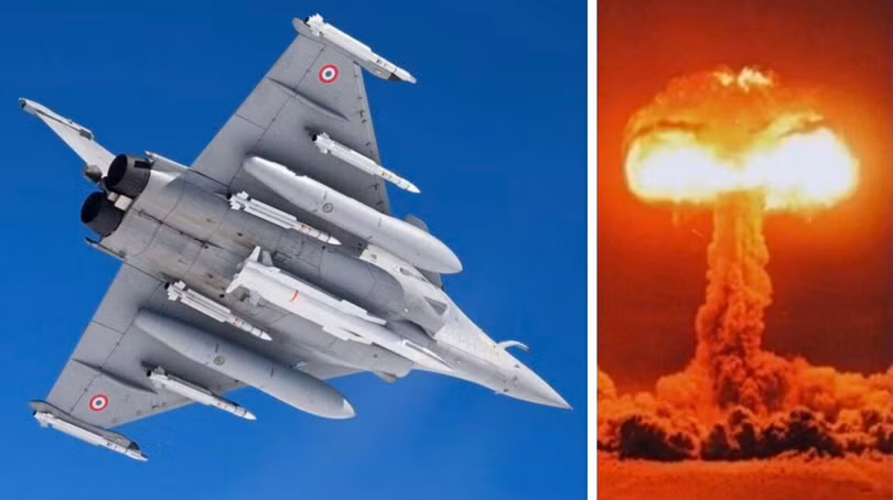 Máy bay Rafale mang tên lửa hạt nhân ASMP-A (bên trái) và hình ảnh vụ nổ hạt nhân. Ảnh: MW.