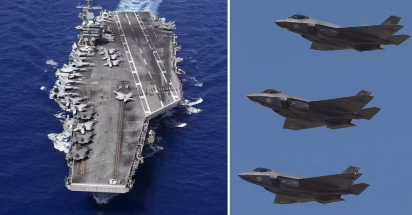 Tàu USS Abraham Lincoln và các máy bay F-35C thuộc Phi đội tấn công chiến đấu Thủy quân lục chiến 314. Ảnh: MW.
