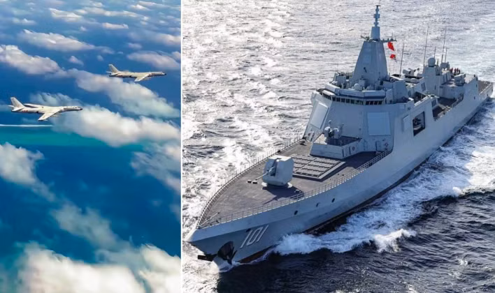 Tàu khu trục Type 055 và máy bay ném bom H-6 trên bầu trời khu vực Scarborough. Ảnh: MW.