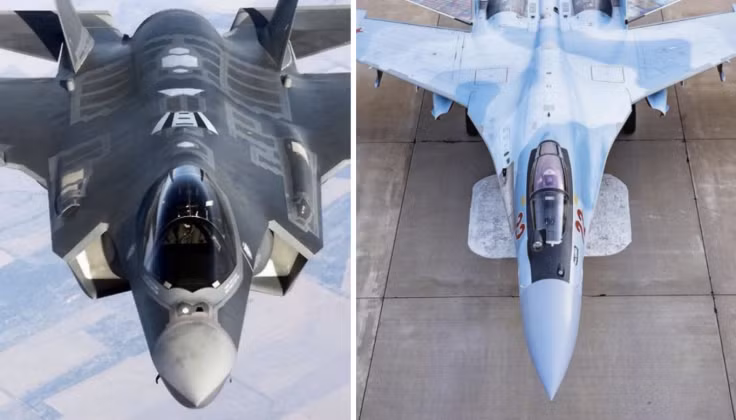 Máy bay chiến đấu F-35 (bên trái) và Su-35. Ảnh: MW.