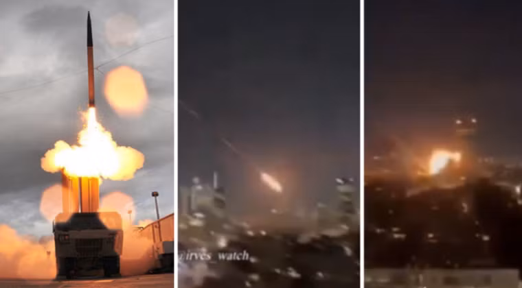 Bệ phóng THAAD (bên trái) và đoạn phim ghi lại khoảnh khắc phương tiện lượn siêu thanh của Iran tấn công mục tiêu quan trọng ở Israel. Ảnh: MW.