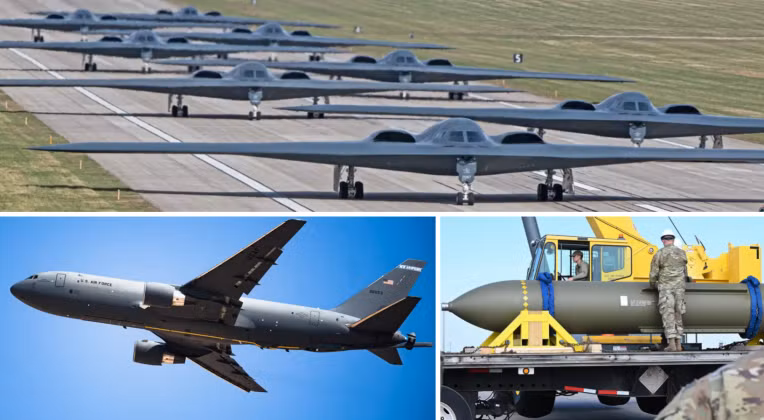 Máy bay ném bom B-2, máy bay tiếp nhiên liệu KC-46, bom GBU-57. Ảnh: MW.