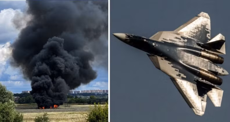 Địa điểm máy bay Su-57 rơi (bên trái) và máy bay Su-57. Ảnh: MW.