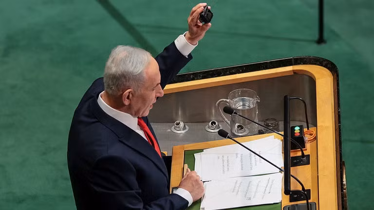 Thủ tướng Israel Benjamin Netanyahu phát biểu tại Đại hội đồng Liên hợp quốc vào ngày 24/9 tại thành phố New York, Mỹ. Ảnh: Getty.