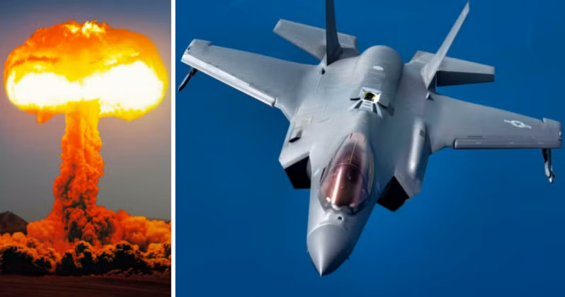 Máy bay chiến đấu F-35 và một vụ nổ hạt nhân. Ảnh: MW.