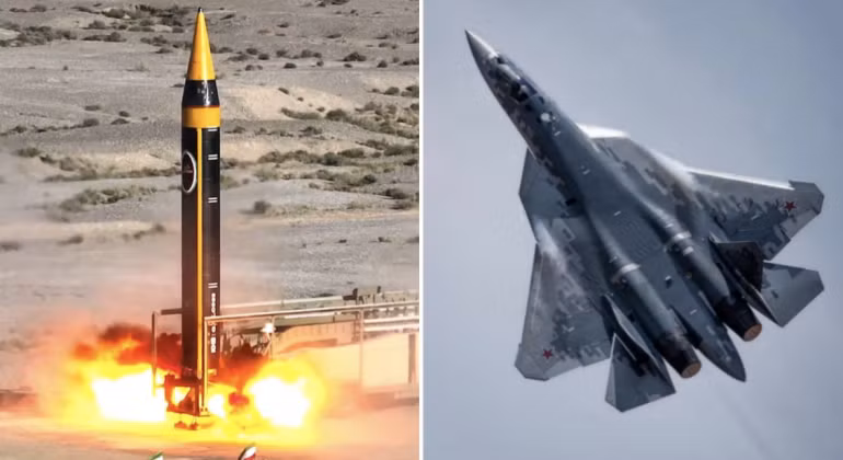Tên lửa đạn đạo Kheibar của Iran (bên trái) và máy bay chiến đấu Su-57. Ảnh: MW.