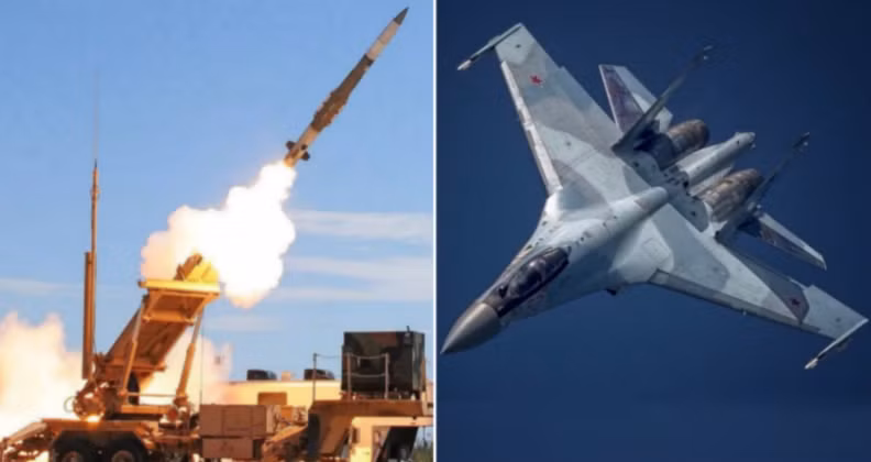 Hệ thống phóng tên lửa Patriot (bên trái) và máy bay chiến đấu Su-35. Ảnh: MW.