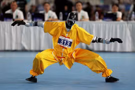 Một robot hình người tham gia cuộc thi võ thuật wushu trong khuôn khổ Đại hội Robot Hình người Thế giới lần thứ hai tại Sân vận động Trượt băng tốc độ Quốc gia ở Bắc Kinh, Trung Quốc, ngày 26/8. Ảnh: Reuters.