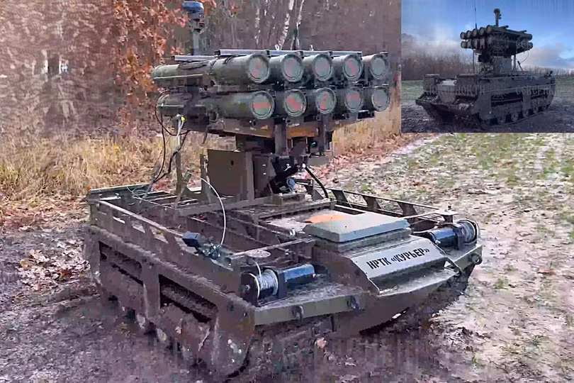 UGV chiến đấu “Kuryer” của Nga trang bị tám ống phóng RPO-A Shmel – súng phun lửa bộ binh dùng một lần. Ảnh: Topwar.