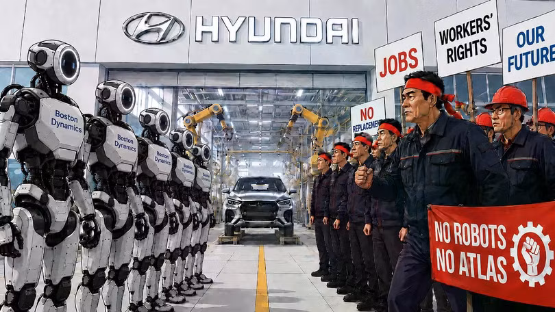 Công nhân hãng Hyundai đình công phản đối đưa robot Atlas vào nhà máy. Ảnh do Gemini tạo.