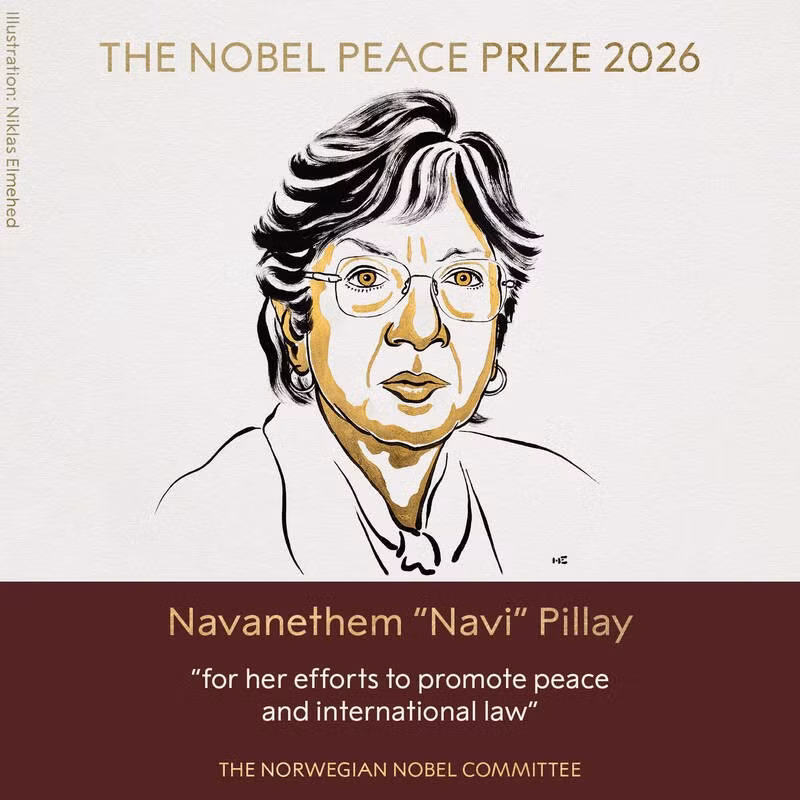 Giải Nobel Hòa bình năm 2026 đã chính thức được công bố hôm nay (9/10). Vượt qua 287 ứng viên được đề cử, nữ thẩm phán nổi tiếng thế giới người Nam Phi Navanethem "Navi" Pillay đã xuất sắc trở thành chủ nhân của giải thưởng cao quý này. Ảnh: Nobel Committee.