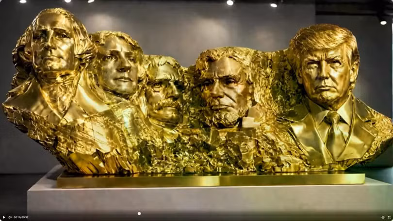 Tượng vàng thể hiện ông Trump sánh vai cùng 4 vị Tổng thống Mỹ huyền thoại do Iain Alexander – một nghệ sĩ chân dung hoàng gia Anh, nhà điêu khắc kiêm cựu vận động viên bơi lội Olympic- thực hiện. Ảnh: Creaders.