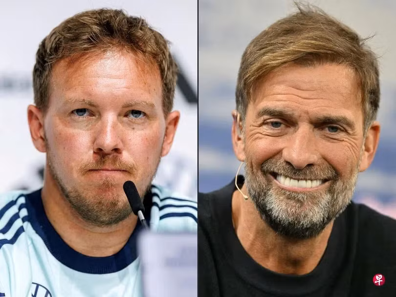 Ngày 3/7, ông Julian Nagelsmann (trái) đã chính thức tuyên bố từ chức HLV đội tuyển Đức, cựu HLV Liverpool Jurgen Klopp đã được DFB mời nắm đội. Ảnh: Zaobao.