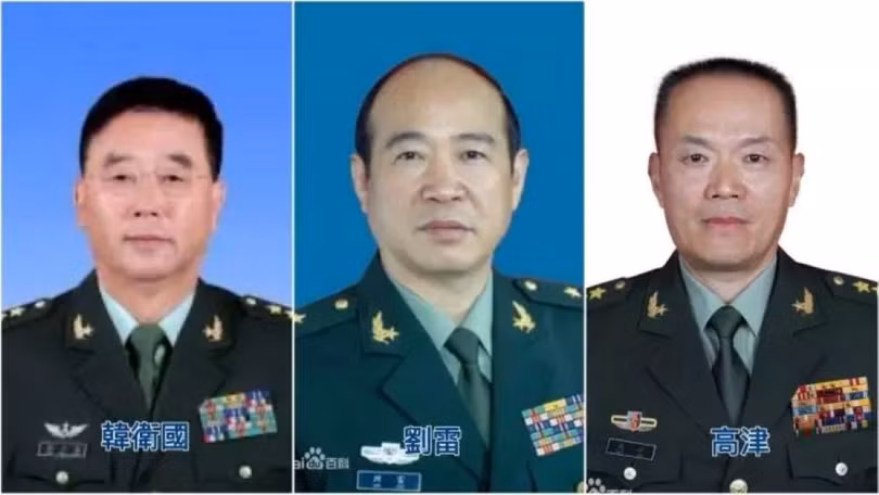 Ba thượng tướng quân đội Trung Quốc bị loại khỏi Chính Hiệp khóa XIV. Từ trái qua phải: Hàn Vệ Quốc, Lưu Lôi, Cao Tân. Ảnh: Singtao.