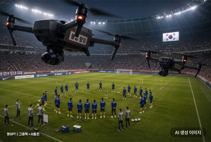 Ảnh do AI tạo ra đăng trên báo Hàn Quốc giễu cợt vụ việc đội nhà tập luyện bị drone lạ quay trộm. Ảnh: Sohu.