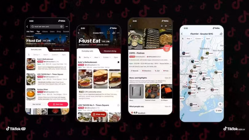 Giao diện tính năng Must Eat giúp người dùng tìm kiếm và lựa chọn nhà hàng trên TikTok. Ảnh: TikTok.