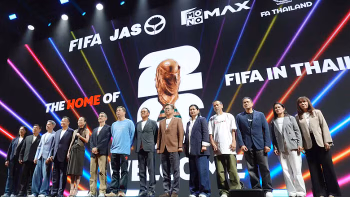 Công ty Jasmine International của Thái Lan tổ chức sự kiện báo chí để công bố thỏa thuận phát sóng World Cup với FIFA tại Bangkok. Ảnh: Nikkei Asia.