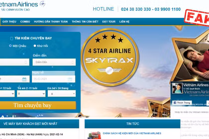 Website giả mạo VNA. Ảnh: Vietnam Airlines