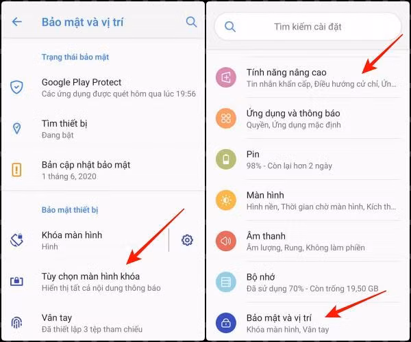 Thiết lập bảo mật khóa và định vị 