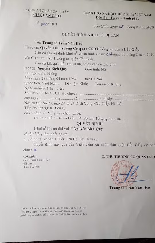 Quyết định khởi tố bị can với bà Nguyễn Bích Quy